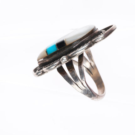 sz7.5 vintage Zuni sterling silver shell, jet, turquoise inlay ring