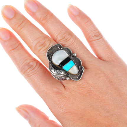 sz7.5 vintage Zuni sterling silver shell, jet, turquoise inlay ring