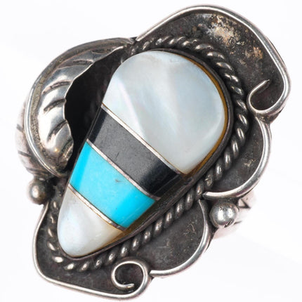 sz7.5 vintage Zuni sterling silver shell, jet, turquoise inlay ring
