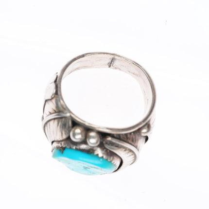 sz10.25 vintage Navajo sterling silver turquoise ring with feather bezel