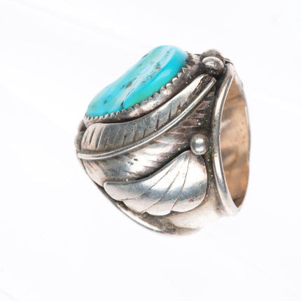 sz10.25 vintage Navajo sterling silver turquoise ring with feather bezel
