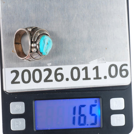 sz10.25 vintage Navajo sterling silver turquoise ring with feather bezel