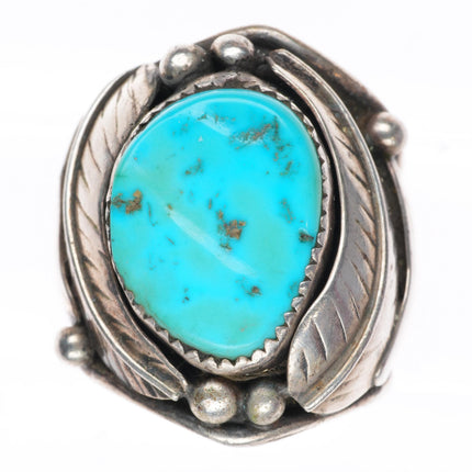 sz10.25 vintage Navajo sterling silver turquoise ring with feather bezel
