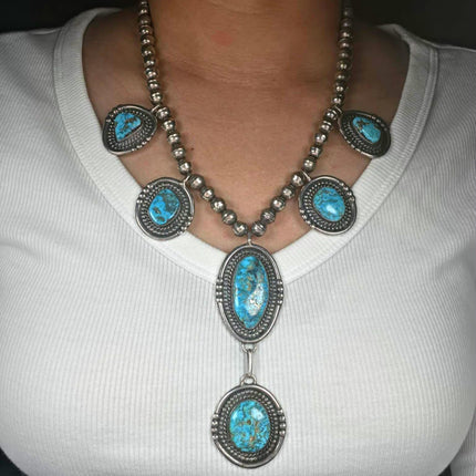 20" vintage Navajo sterling silver Morenci turquoise lariat beaded necklace
