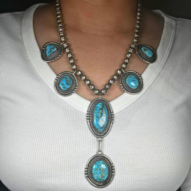 20" vintage Navajo sterling silver Morenci turquoise lariat beaded necklace