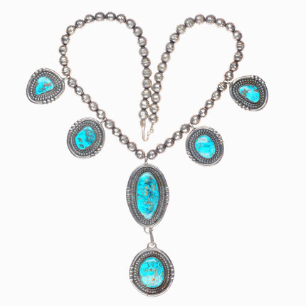 20" vintage Navajo sterling silver Morenci turquoise lariat beaded necklace