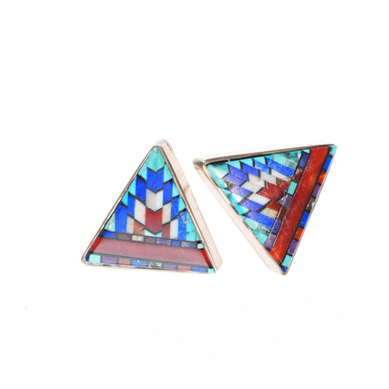 Carl & Irene Clark Navajo sterling silver intarsia Micro-mosaic inlaid earrings