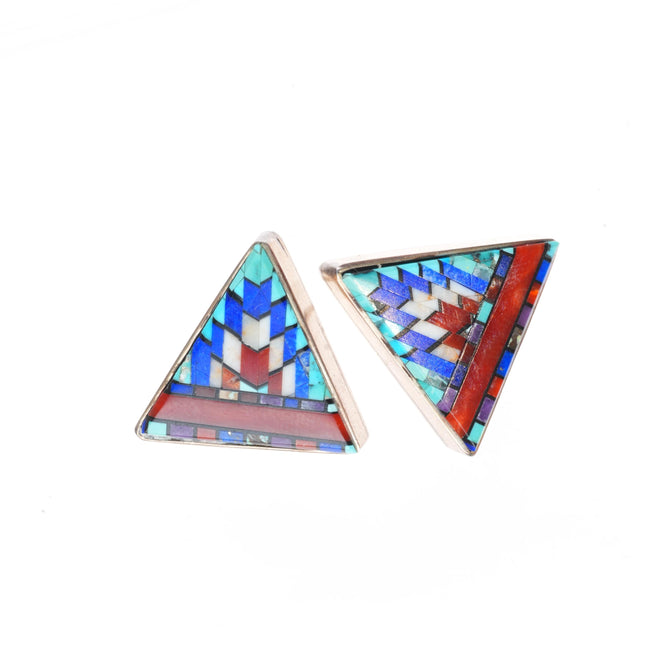 Carl & Irene Clark Navajo sterling silver intarsia Micro-mosaic inlaid earrings