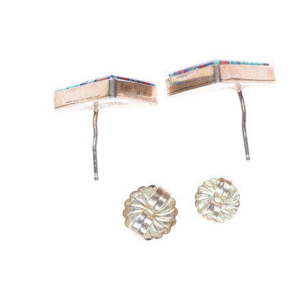 Carl & Irene Clark Navajo sterling silver intarsia Micro-mosaic inlaid earrings