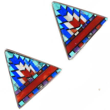 Carl & Irene Clark Navajo sterling silver intarsia Micro-mosaic inlaid earrings