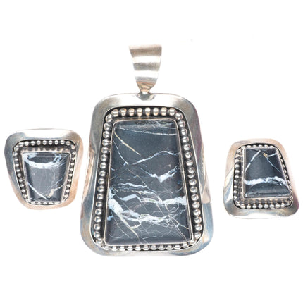 Irv Monte Navajo sterling silver White Buffalo pendant/clip-on earrings set