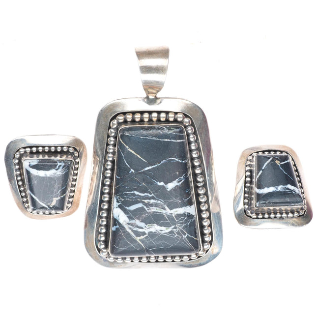 Irv Monte Navajo sterling silver White Buffalo pendant/clip-on earrings set