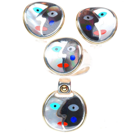 Sterling silver/18K gold Eric Grossbardt Face Ring/Pendant/ clip-on Earrings set
