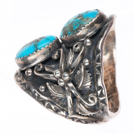 sz13 vintage Navajo sterling silver 2 stone ring with Morenci turquoise