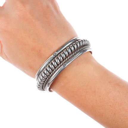 6.6" vintage Tahe Navajo sterling silver twisted wire stamped edge cuff bracelet