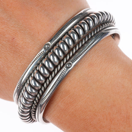 6.6" vintage Tahe Navajo sterling silver twisted wire stamped edge cuff bracelet