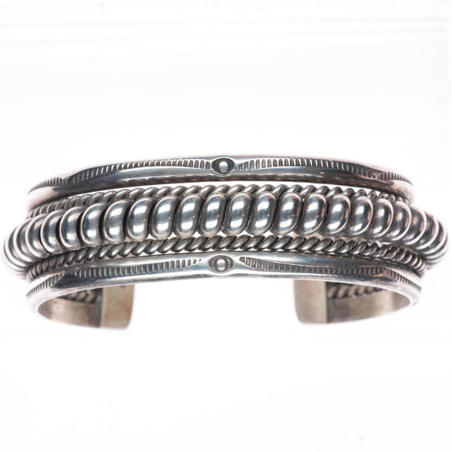 6.6" vintage Tahe Navajo sterling silver twisted wire stamped edge cuff bracelet