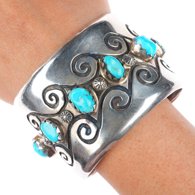 7" vintage Navajo sterling silver wide band turquoise row cuff bracelet