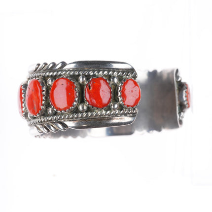 6.3" Robert & Bernice Leekya Zuni sterling silver coral row cuff bracelet