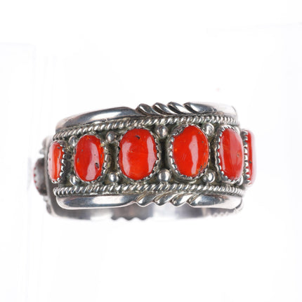 6.3" Robert & Bernice Leekya Zuni sterling silver coral row cuff bracelet
