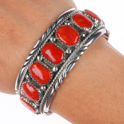 6.3" Robert & Bernice Leekya Zuni sterling silver coral row cuff bracelet