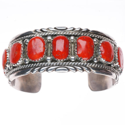 6.3" Robert & Bernice Leekya Zuni sterling silver coral row cuff bracelet