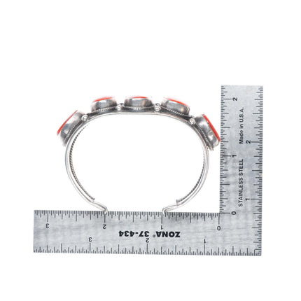 6.25" Verdy Jake Navajo sterling silver Mediterranean coral row cuff bracelet