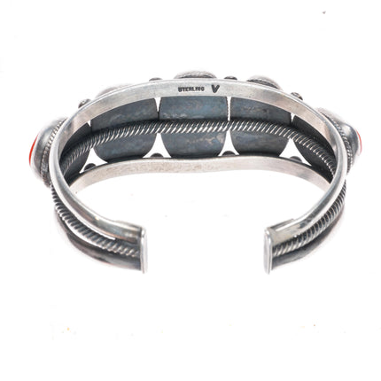 6.25" Verdy Jake Navajo sterling silver Mediterranean coral row cuff bracelet
