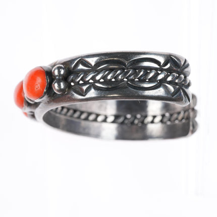 6.6" Larry Elthe Navajo deep stamped sterling silver coral row cuff bracelet