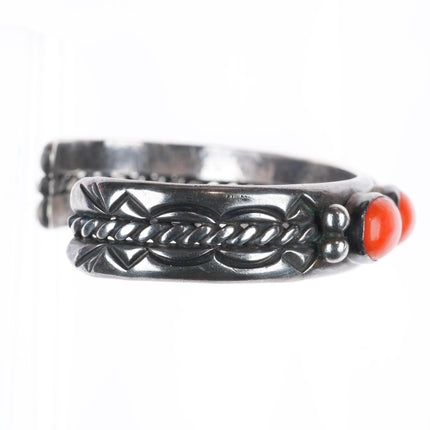 6.6" Larry Elthe Navajo deep stamped sterling silver coral row cuff bracelet