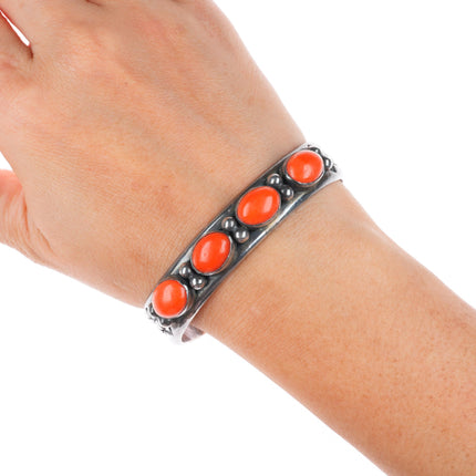 6.6" Larry Elthe Navajo deep stamped sterling silver coral row cuff bracelet