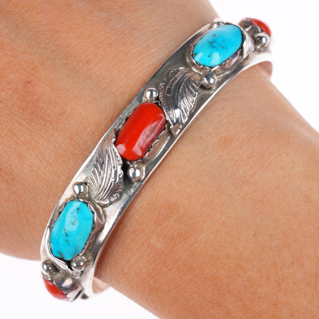 6.5" vintage Simplicio Zuni sterling silver turquoise - coral row cuff bracelet