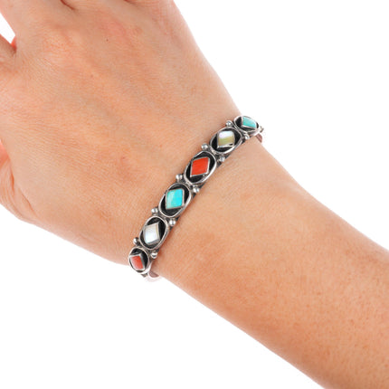 6.5" Etsate Zuni sterling silver patriotic coral, turquoise row cuff bracelet