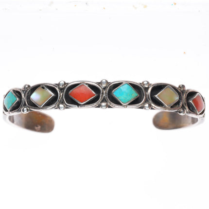 6.5" Etsate Zuni sterling silver patriotic coral, turquoise row cuff bracelet