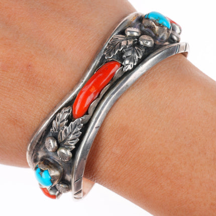 6.3" Margaret Lee Navajo sterling silver turquoise and coral cuff bracelet