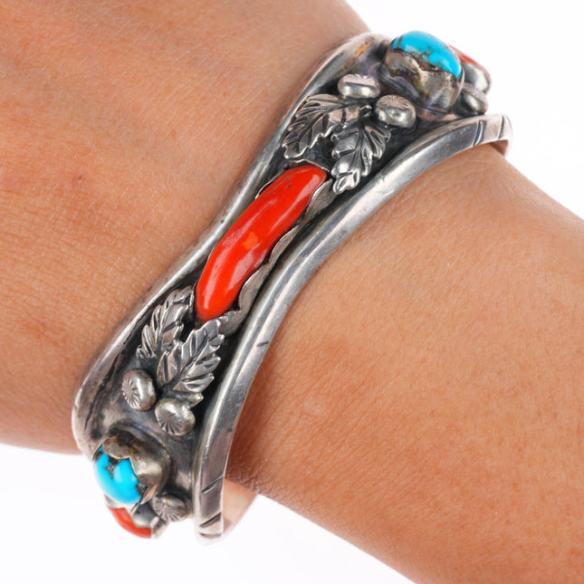 6.3" Margaret Lee Navajo sterling silver turquoise and coral cuff bracelet