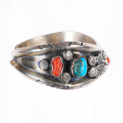 6.3" Margaret Lee Navajo sterling silver turquoise and coral cuff bracelet
