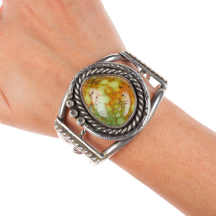 6.6" vintage Navajo sterling silver cuff bracelet with green turquoise