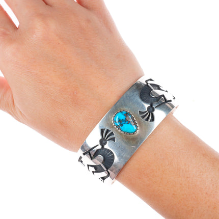 6.8" Lawrence Saufkie Hopi overlay Bisbee spiderweb turquoise cuff bracelet