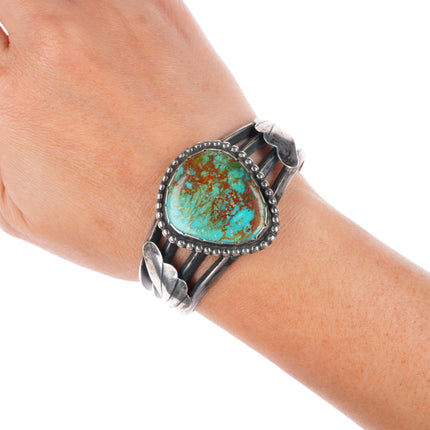 6.1" vintage Navajo sterling silver Ceremonial Kingman turquoise cuff bracelet