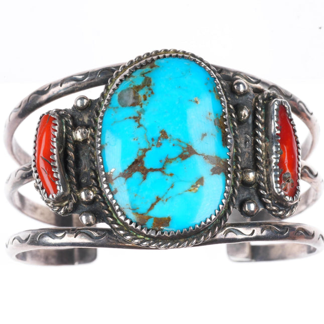 6.5" vintage SY Navajo sterling silver turquoise and coral cuff bracelet