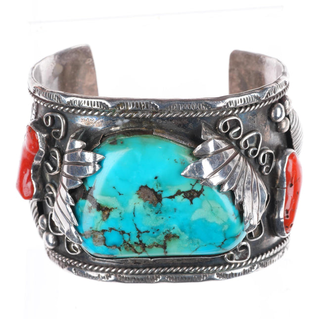 7.4" vintage Navajo sterling silver turquoise and coral cuff bracelet