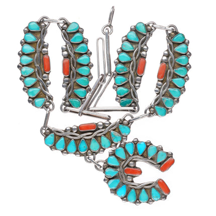 16.5" 1950's Zuni sterling silver turquoise/coral petit point  Naja necklace