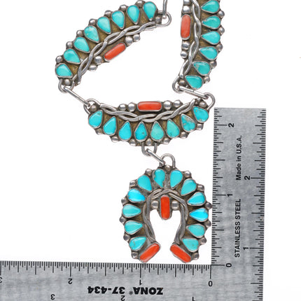 16.5" 1950's Zuni sterling silver turquoise/coral petit point  Naja necklace
