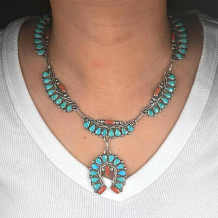 16.5" 1950's Zuni sterling silver turquoise/coral petit point  Naja necklace