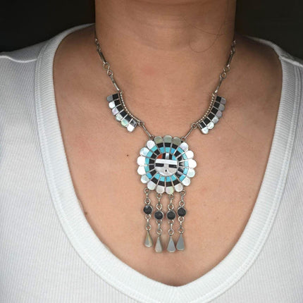 16" JD Massie Zuni sterling silver sunface inlay necklace turquoise/shell