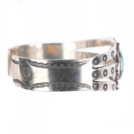 6.5" c1940 vintage Navajo sterling silver turquoise hand stamped cuff bracelet
