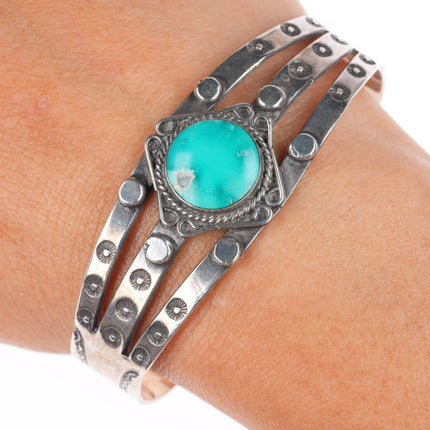 6.5" c1940 vintage Navajo sterling silver turquoise hand stamped cuff bracelet