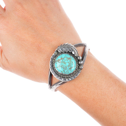 6.4" Vintage HJA Navajo sterling silver spiderweb turquoise cuff bracelet