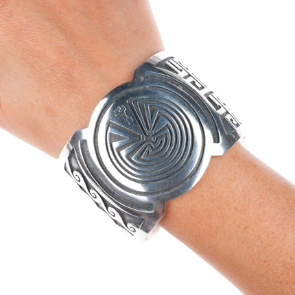 7.4" Mark Tawahongva Hopi overlay sterling silver man in the maze cuff bracelet
